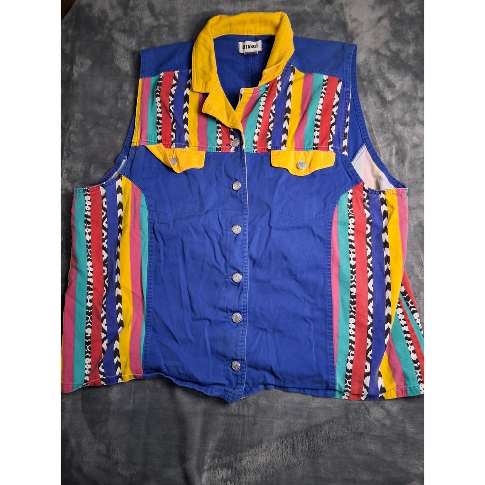 Vintage Gitano Denim Vest Womens 20W Blue Striped Animal Print Colorblock 90s